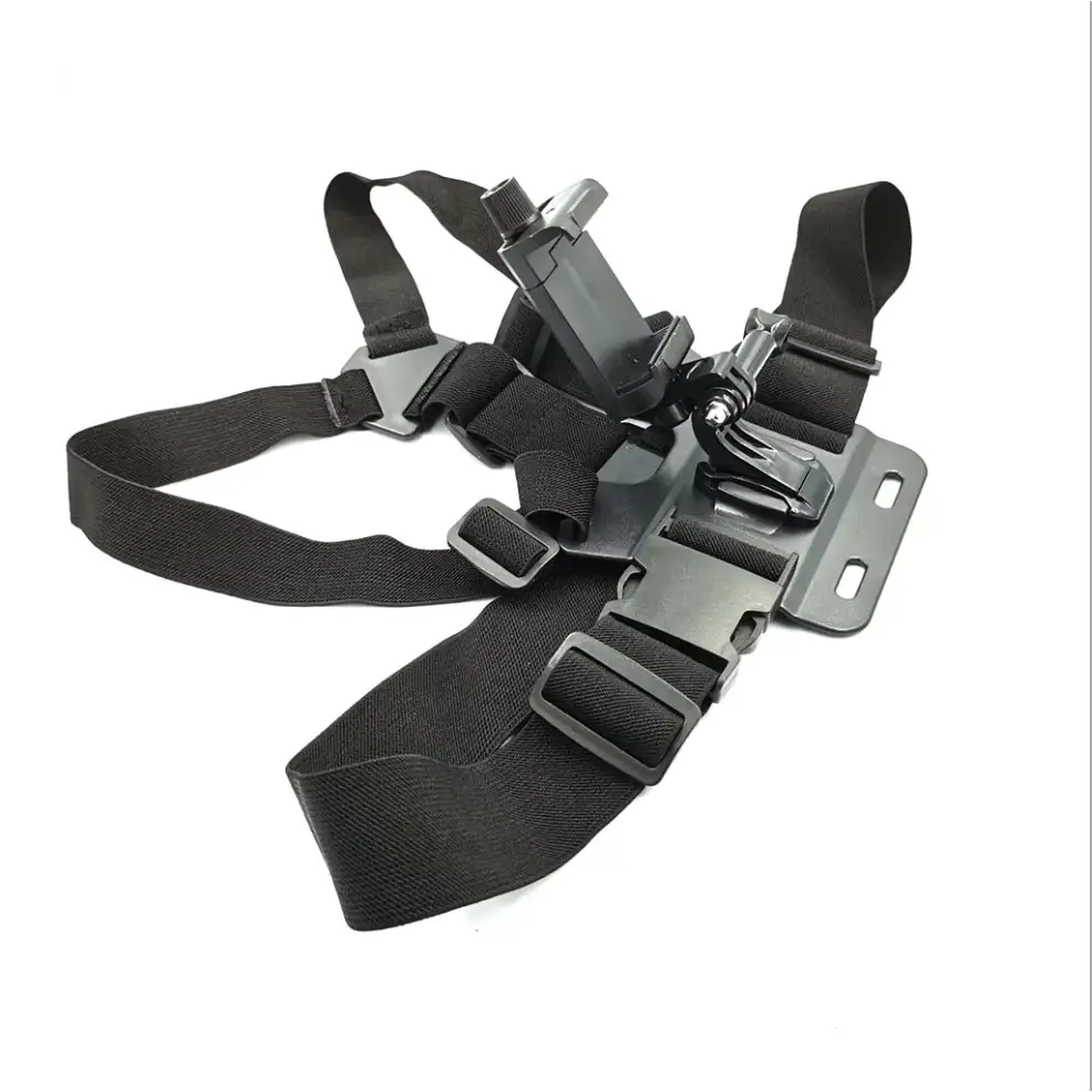 Black adjustable chest strap with two camera mounts for action cameras.