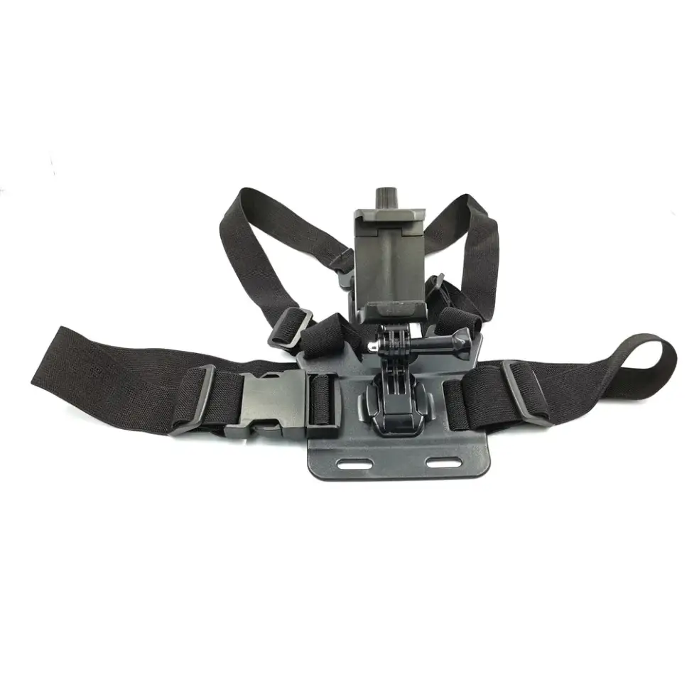 Black chest-mounted camera strap with adjustable straps and a central mounting plate.