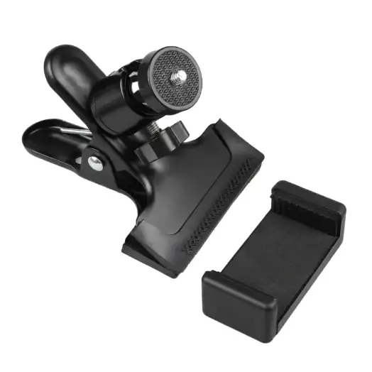 Black plastic phone clip with adjustable clamp and textured mounting plate.