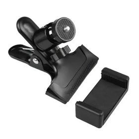 Black plastic phone clip with adjustable clamp and textured mounting plate.