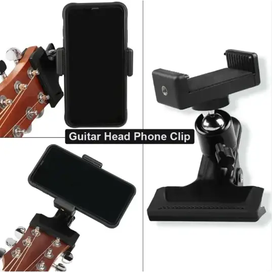 Black plastic guitar head phone clip with adjustable clamp and mounting base.
