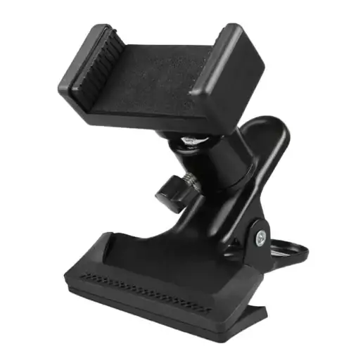 Black plastic clip-style phone holder with adjustable clamp and textured grip surface.