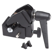 Black metal camera clamp with textured grip handle and adjustable locking mechanism.