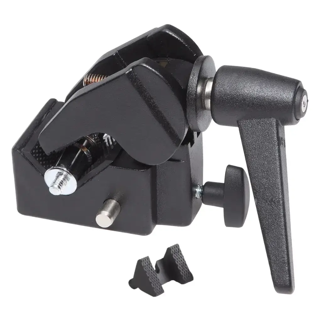 Black metal camera clamp with textured grip handle and adjustable locking mechanism.