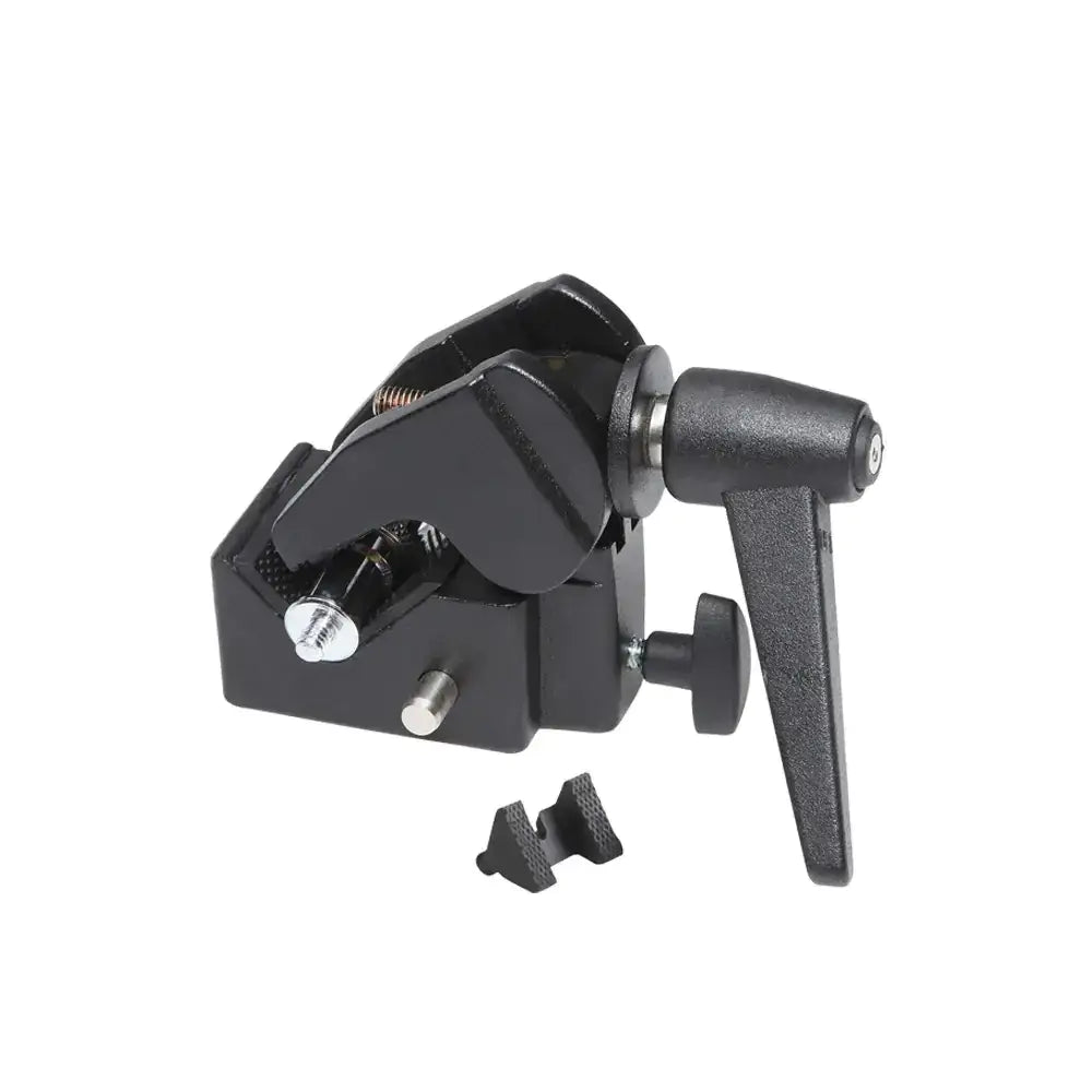 Black metal camera clamp with adjustable grip and textured handle.
