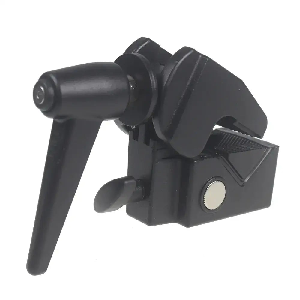 Black plastic camera clamp with a lever handle and adjustable jaw.