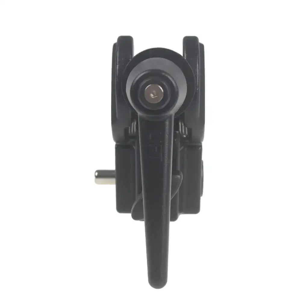 Black plastic camera tripod head with a central adjustment knob and side handle.