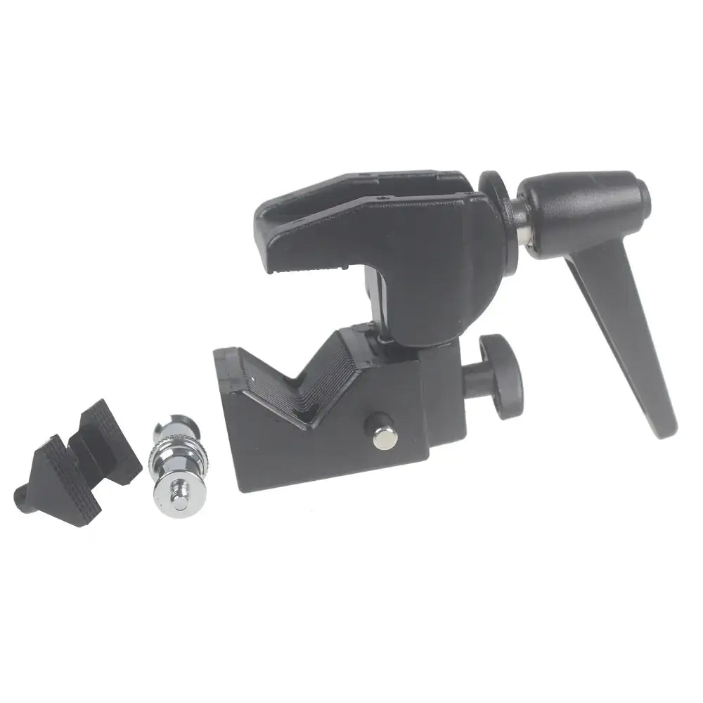 Black plastic camera clamp with a handle and adjustment knob, accompanied by two small black mounting pieces.