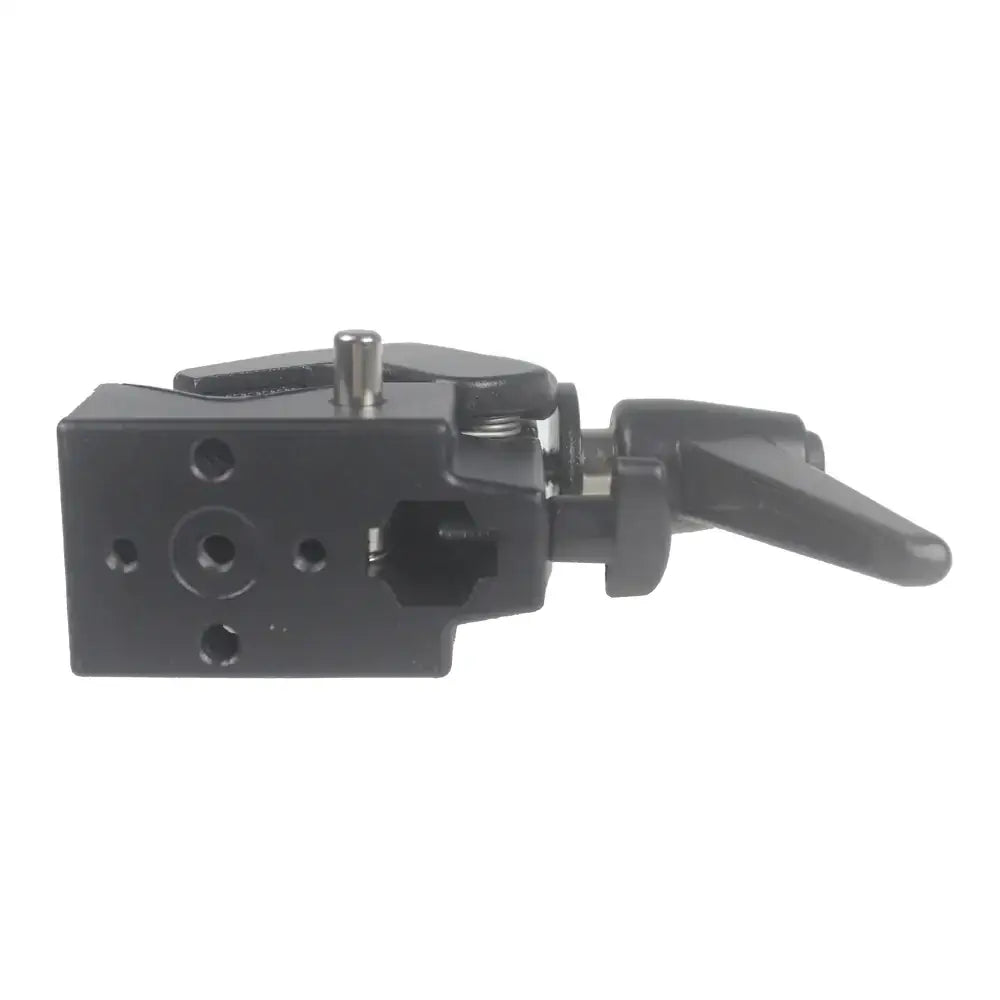 Black plastic camera rig clamp with a lever mechanism and multiple mounting holes.