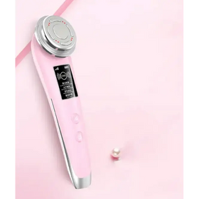 Pink and silver facial treatment device with a circular metallic head and digital display.
