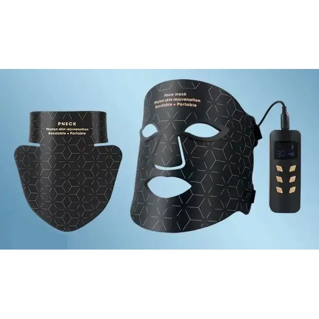 Black geometric-patterned face mask with matching neck wrap and control unit