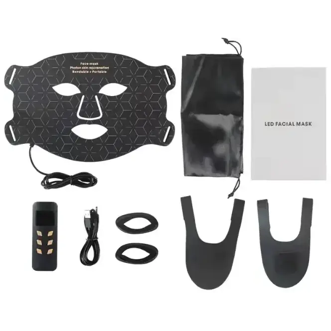 Black hexagonal-patterned led facial mask with cutouts for eyes, nose, and mouth.