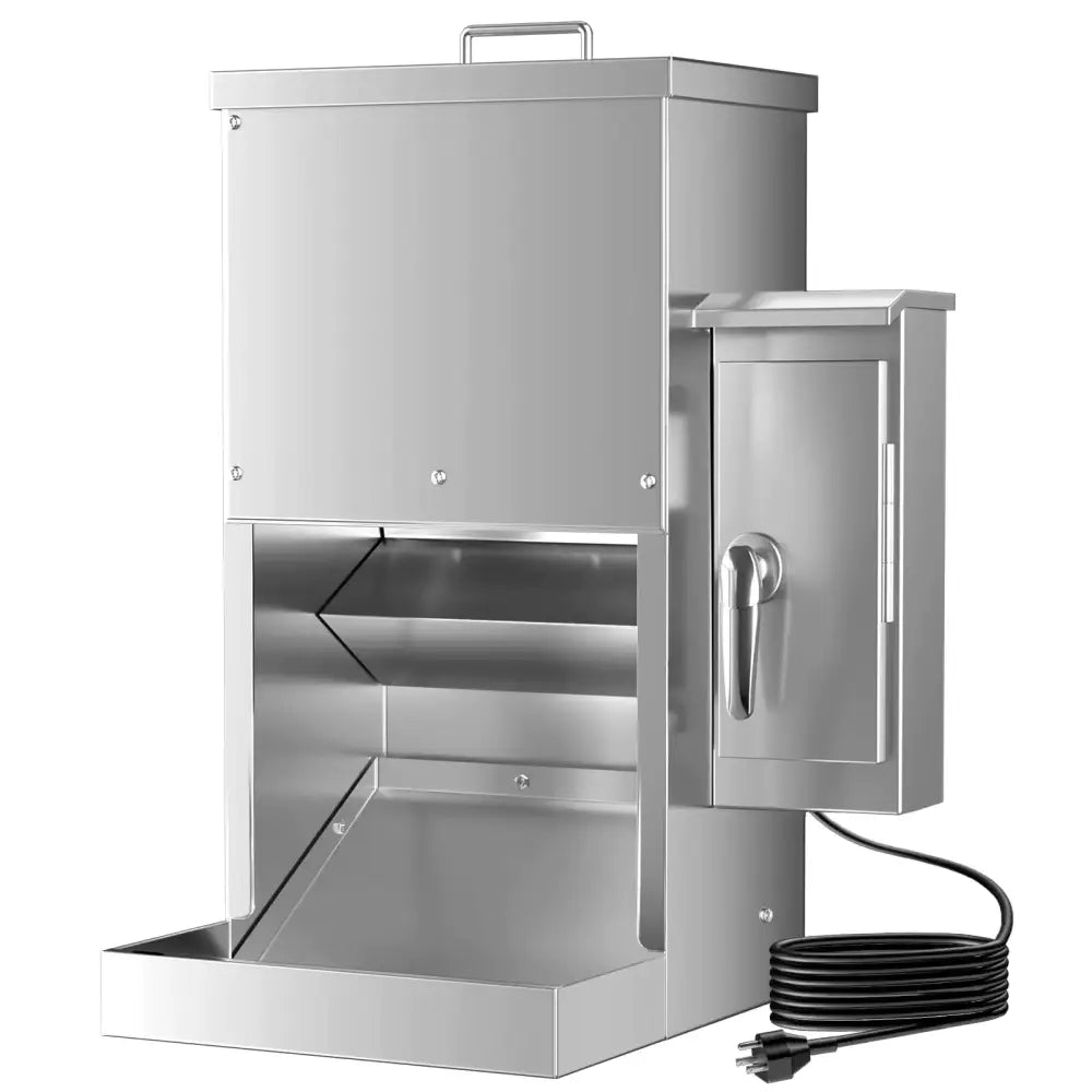 Stainless steel industrial-grade food waste compactor with a hinged lid, side access panel, and coiled power cord.