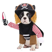 Black and red pirate-themed dog costume with striped sleeves, faux fur mane, and a skull-and-crossbones cap.
