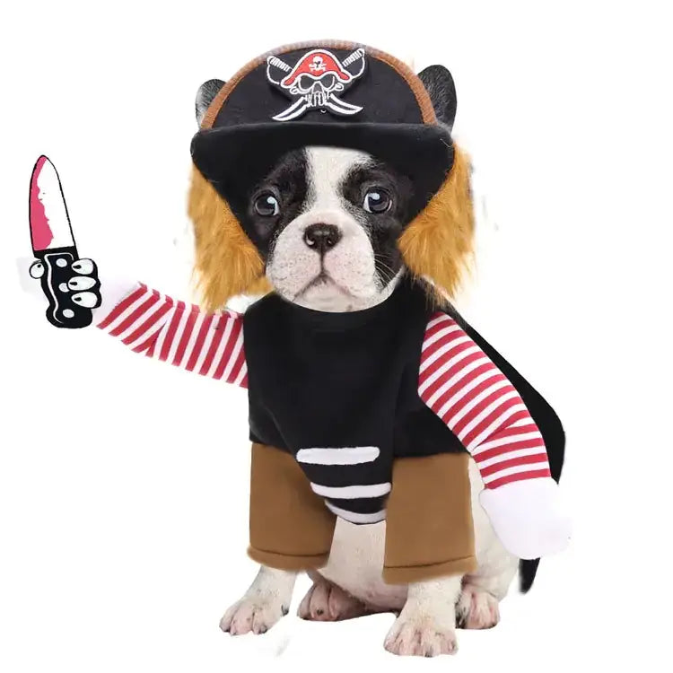 Black and red pirate-themed dog costume with striped sleeves, faux fur mane, and a skull-and-crossbones cap.