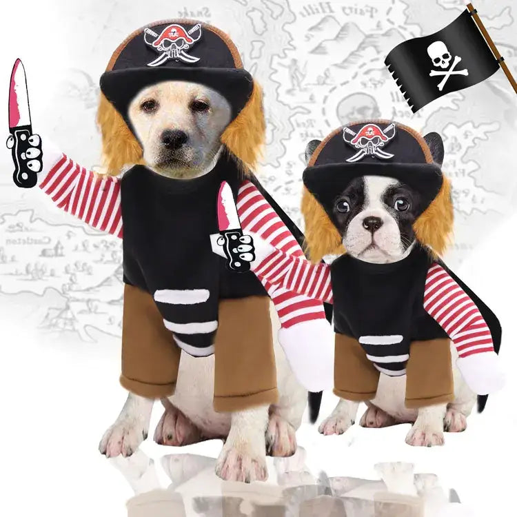Pirate-themed dog costumes featuring black hats with skull and crossbones, red-and-white striped sleeves, brown pants, and plastic knife props.