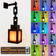 Black metal wall sconce with a rectangular lantern design and adjustable chain arm, featuring 16 color-changing led lighting modes.