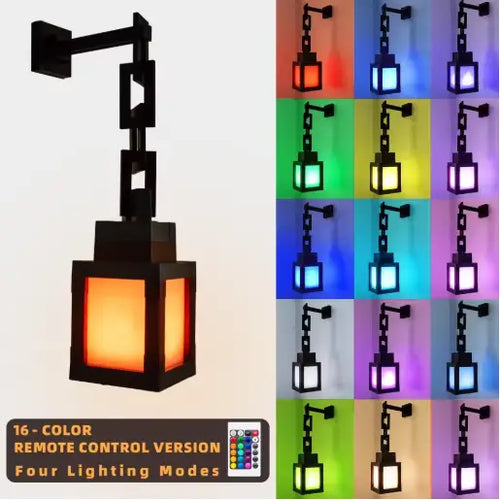 Black metal wall sconce with a rectangular lantern design and adjustable chain arm, featuring 16 color-changing led lighting modes.