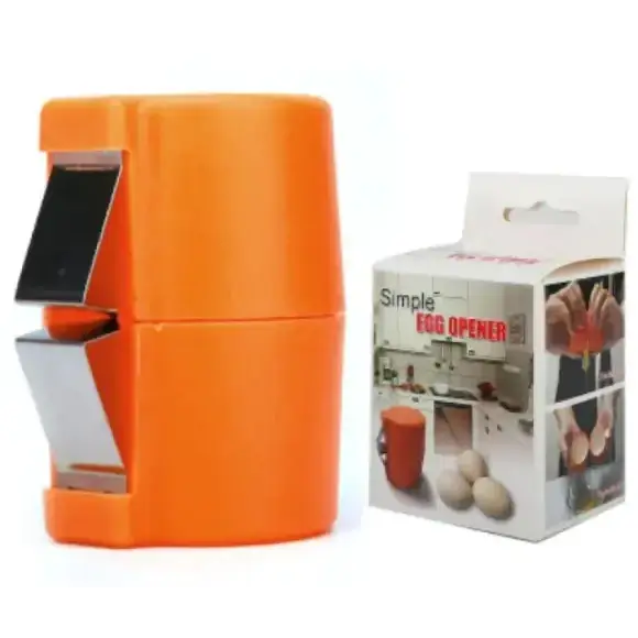 Bright orange plastic egg opener with a metallic silver cutting blade.