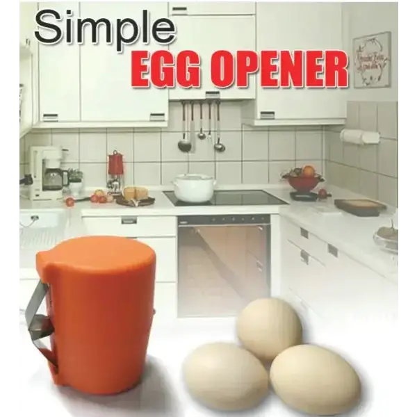 Orange plastic egg opener with a gray handle.
