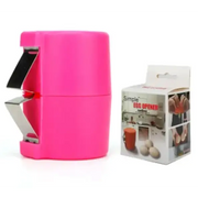 Bright pink plastic egg opener with a metallic hinge mechanism.