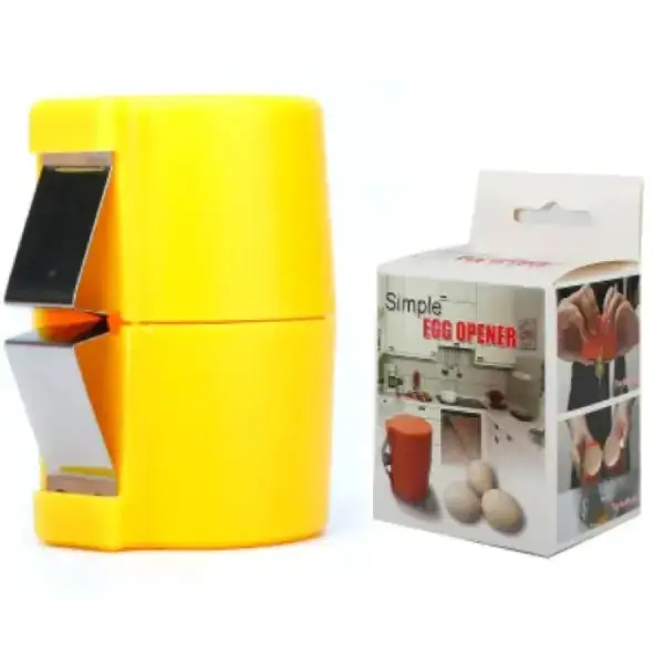 Bright yellow plastic egg opener with a metallic blade.