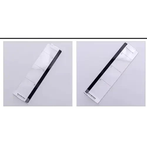 Clear plastic wallet with black zipper and white text on the side.