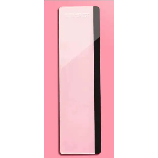 A sleek, rectangular pink and black cardholder with a glossy finish.