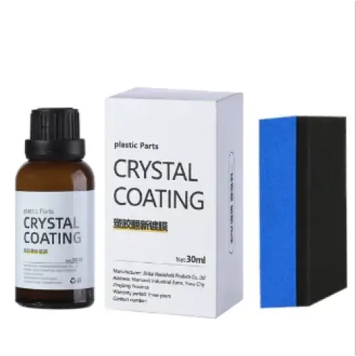The image shows a bottle of crystal coating, which is an amber-colored liquid in a dark glass container with a black cap.