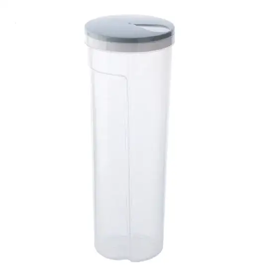 Clear plastic storage container with a gray lid featuring a small triangular opening.