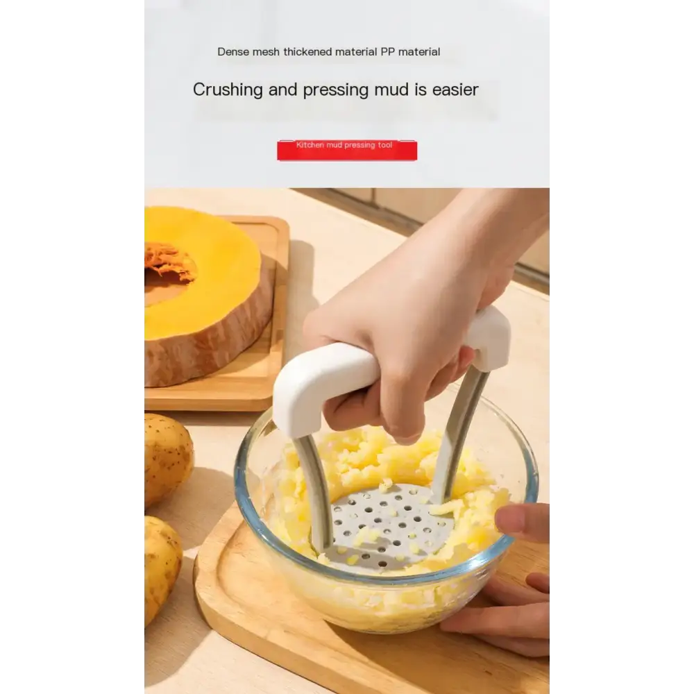 White-handled kitchen mud pressing tool with a dense mesh, thickened pp material head for easy crushing and pressing of potatoes.