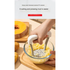 White-handled kitchen mud pressing tool with a dense mesh, thickened pp material head for easy crushing and pressing of potatoes.