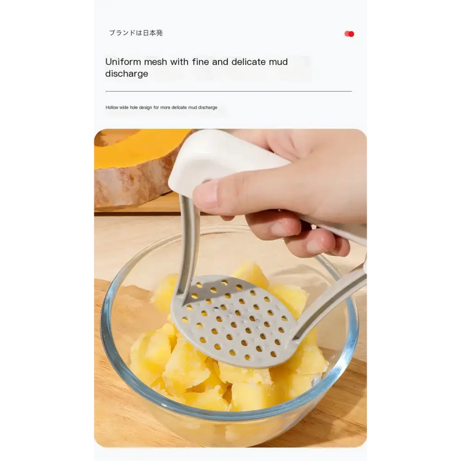 White-handled stainless steel potato masher with a uniform mesh head featuring fine, delicate holes for efficient mud discharge.