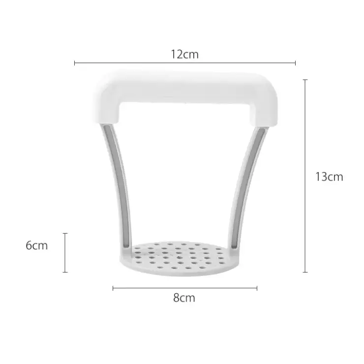 White plastic and stainless steel potato masher with a handle, perforated base for easy draining.