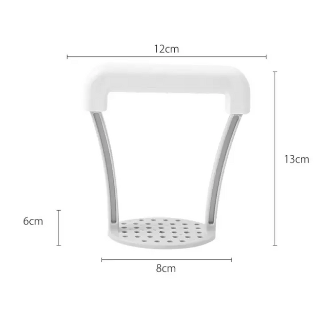 White plastic and stainless steel potato masher with a handle, perforated base for easy draining.