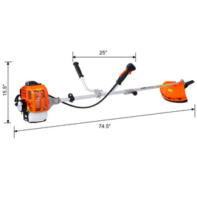 Orange and black gas-powered brush cutter with a silver handlebar.
