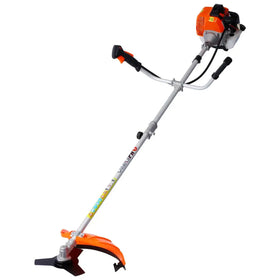 Orange and black gas-powered brush cutter with a silver metal shaft.