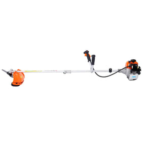 Orange and black gasoline-powered brush cutter with a long silver shaft, ergonomic handles, and a visible engine housing.