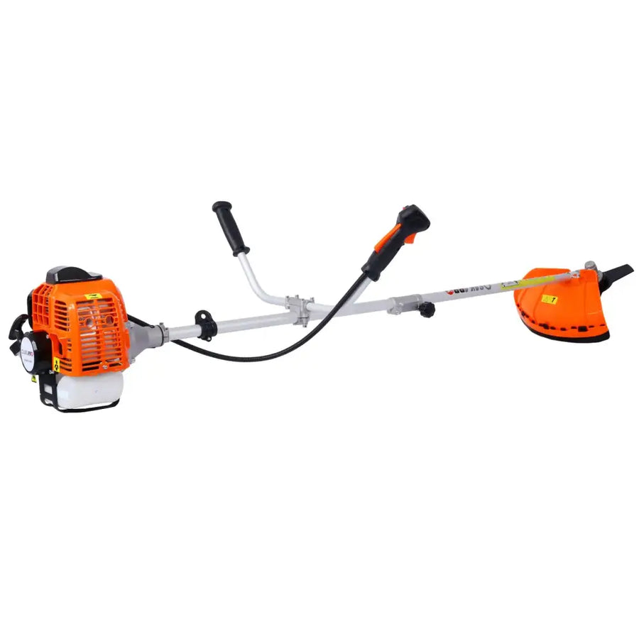 Orange and black gasoline-powered brush cutter with a silver metal shaft.