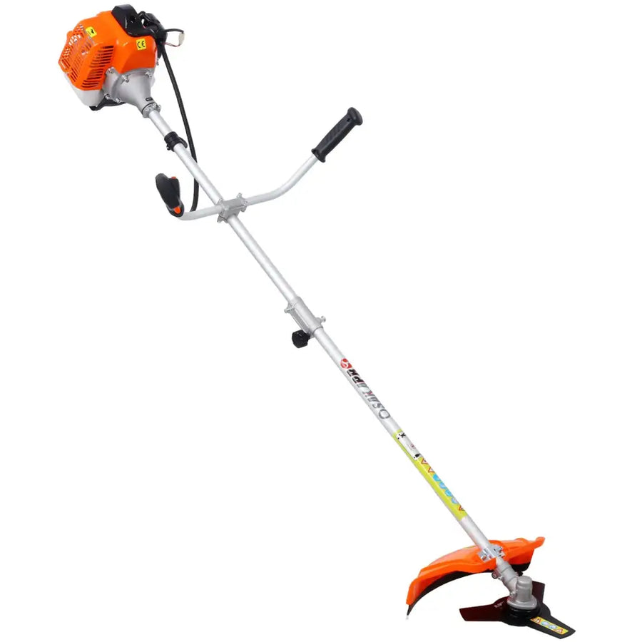 Orange and silver gas-powered brush cutter with black handles.