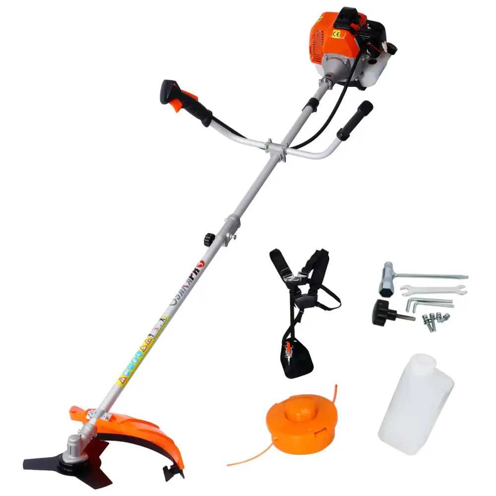 Orange and silver gas-powered brush cutter with black handles, featuring a curved cutting head and adjustable shaft.