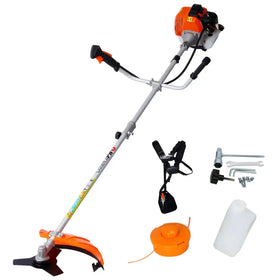 Orange and silver gas-powered brush cutter with black handles, featuring a curved cutting head and adjustable shaft.