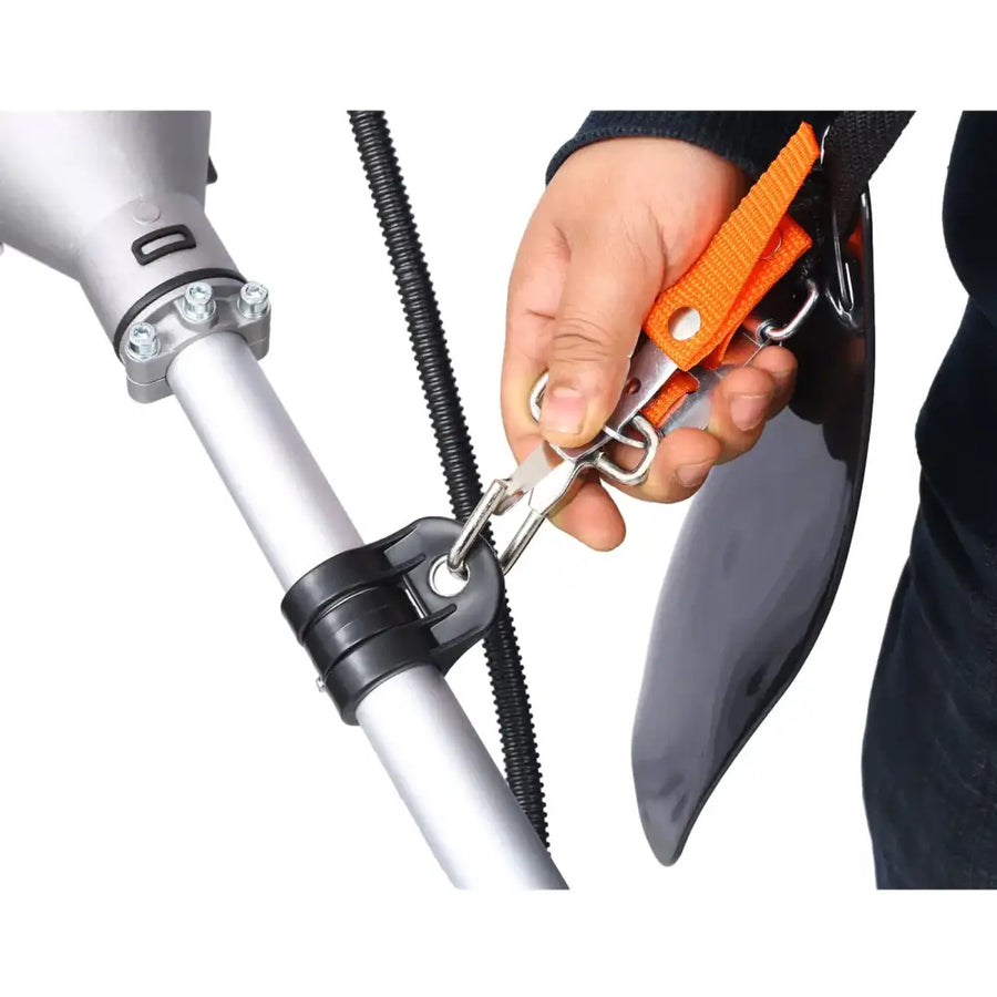 Orange webbing strap with metal hook attached to a silver pole.