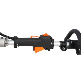 Black and orange handheld lawn edger with a silver metal shaft.