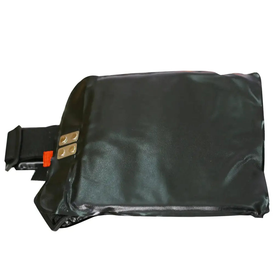 Black waterproof pouch with a black strap and orange buckle.