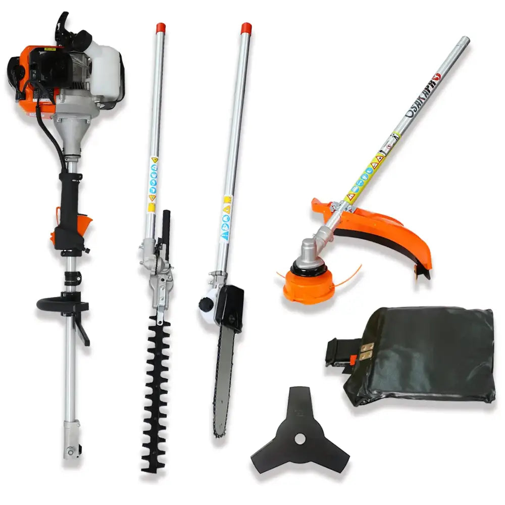 Orange and black gas-powered multi-tool with interchangeable attachments for lawn care.