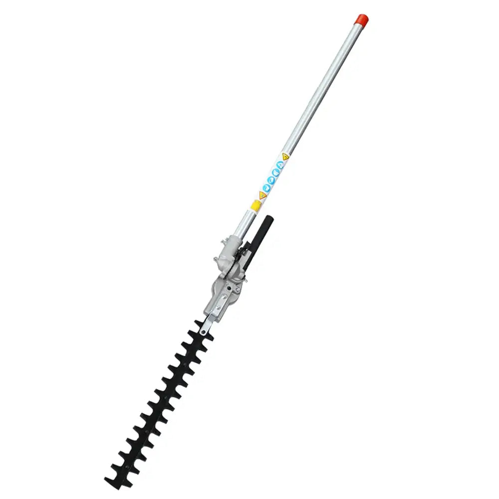 Silver and black hedge trimmer attachment with a long, slender shaft ending in an orange cap.