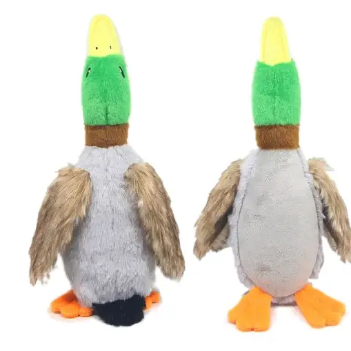 Plush duck toy with green head, brown neck, gray body, and orange feet.