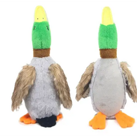 Plush duck toy with green head, brown neck, gray body, and orange feet.