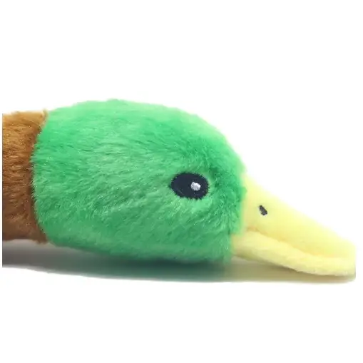 Green plush duck head with a yellow beak and brown neck.
